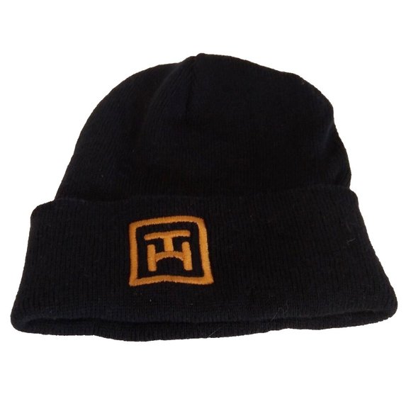 Yupoons Sports Beanie Cap Hat One Size Black with Gold Logo Double Knit Hat Cap - Picture 5 of 5